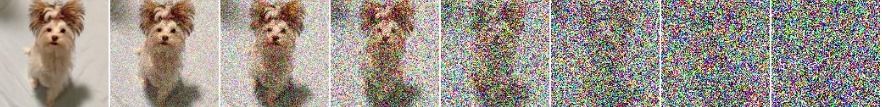 Eight versions of a dog photograph with progressively more Gaussian noise, ending in an almost unrecognizable image.