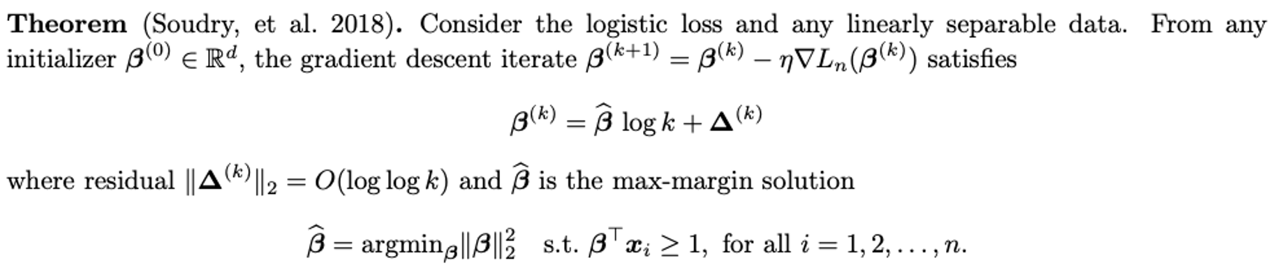 Gradient descent selects a separating direction with maximum margin; binary labels are absorbed into the feature vectors.